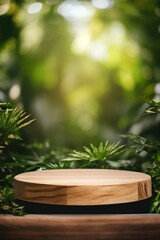 Fototapeta na wymiar Wooden product display podium with blurred nature AI generated illustration