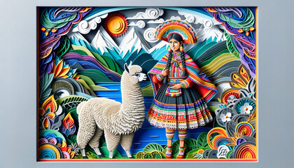 Peruvian Majesty Woman with Alpaca in Paper Art Landscape