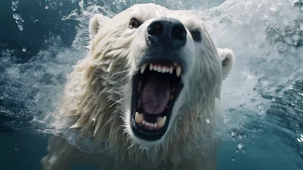 Fototapeten white polar bear with its mouth open and water splashing on it © Johannes