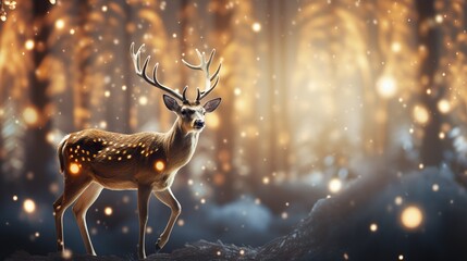 Fondo de navidad con un reno y con luces bokeh. Concepto de fiestas navideñas. Generado por IA - obrazy, fototapety, plakaty