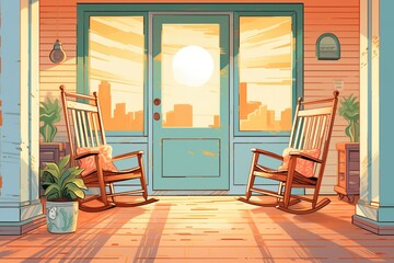 rocking chairs on a craftsman style porch during sunset, magazine style illustration