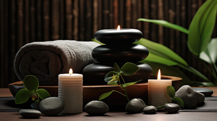 Fototapeta na wymiar Serene spa setting featuring a lit candle, a stack of black towels, smooth massage stones, a glass bottle, and fresh green leaves, all arranged on a wooden table against a dark background.