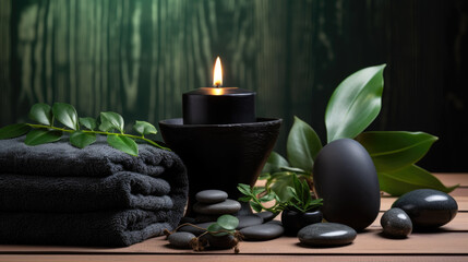Obraz na płótnie Canvas Serene spa setting featuring a lit candle, a stack of black towels, smooth massage stones, a glass bottle, and fresh green leaves, all arranged on a wooden table against a dark background.