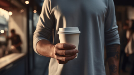 Person is holding a takeaway coffee cup in their hand, focusing on the cup with a blurred café background.