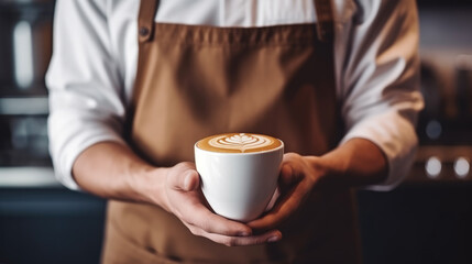 A barista in a brown apron is offering a takeaway coffee cup, focusing on the cup with a softly blurred background.