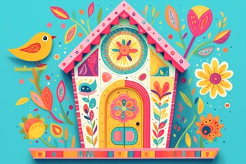 cute wooden birdhouse painted with bright patterns