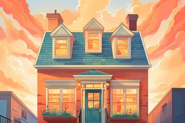 front-facing gable of a dutch colonial house against a fiery sunset, magazine style illustration