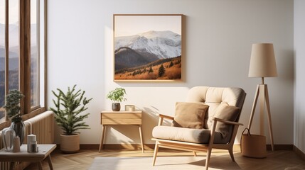 In a beautifully lit living room, a poster mock-up featuring a serene landscape hangs above a cozy armchair