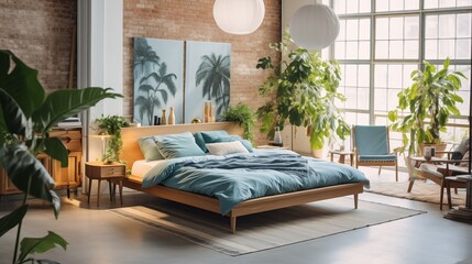 Modern, contemporary loft-style bedroom with a tropical theme,