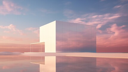 In a surreal and minimalist 3D render, a towering structure with clean lines and sharp angles stands against a backdrop of a cloudless sky