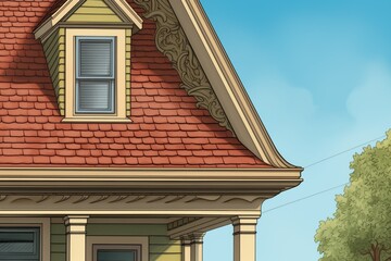 closeup of flared eave woodwork on a dutch colonial, magazine style illustration