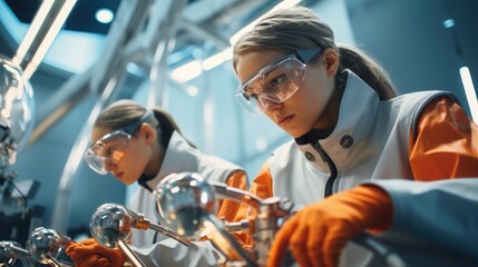 Portrait of teenage girls in a modern laboratory setting, fashionably dressed in STEM-inspired outfits, engaged in a robotic science project.