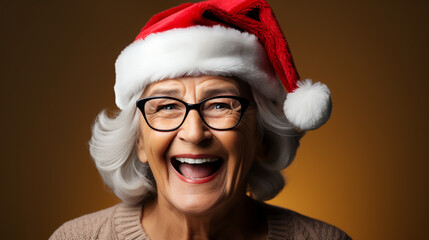 Merry elderly woman 50s year old wearing Santa hat posing isolated background Happy New Year...