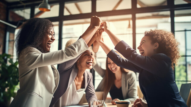 Moment of celebration, with a group of women in a business setting giving each other a high five, all smiling and exuding happiness and a sense of achievement.