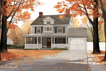dutch colonial house, flared eaves, driveway filled with autumn leaves, magazine style illustration
