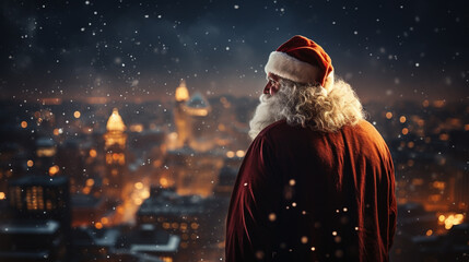 Fototapeta na wymiar Santa Claus looks down on the city waiting to deliver the presents