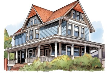 shingle sidings and flared eave of a dutch colonial house, magazine style illustration