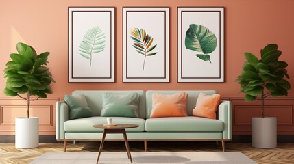 A vibrant and modern living room scene showcases three poster frames hanging on a white wall, featuring a lush green couch, a wooden pot with a vibrant plant, and a sleek floor lamp
