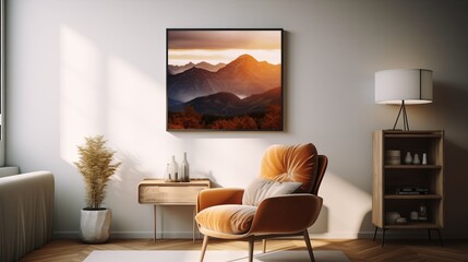 In a beautifully lit living room, a poster mock-up featuring a serene landscape hangs above a cozy armchair