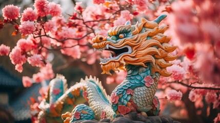 Obraz premium A dragon statue in front of the temple with a tree with pink flowers in the background. The Year of the Dragon is traditionally associated with the Chinese zodiac,