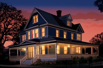 Fototapeta na wymiar dutch colonial house, flared eave illuminated in twilight, magazine style illustration