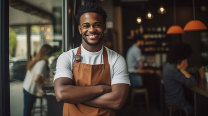 Obraz premium Smiling man small business owner in apron standing confidently in front of a cafe, with warm lighting and blurred interior details in the background.