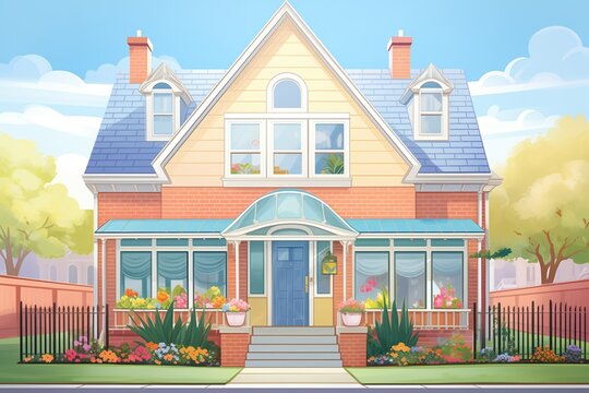 brightly painted dutch colonial house with a front-facing gable, magazine style illustration
