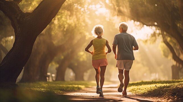 Elderly couple jogging along a tree-lined path, their weathered faces glowing with determination, the vibrant colors of their athletic attire contrasting against the lush greenery, the composition