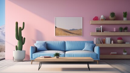 minimalistic living room with soft pink walls, a vibrant blue sofa positioned next to a sleek coffee table pastel colors and clean lines,