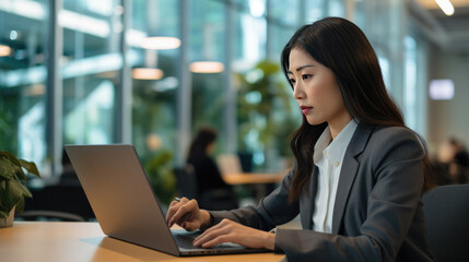 Fototapeta premium Close up portrait of young beautiful woman smiling while working with laptop in office.