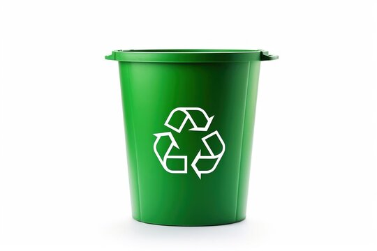 Green recycling bin with recycle symbol on white background