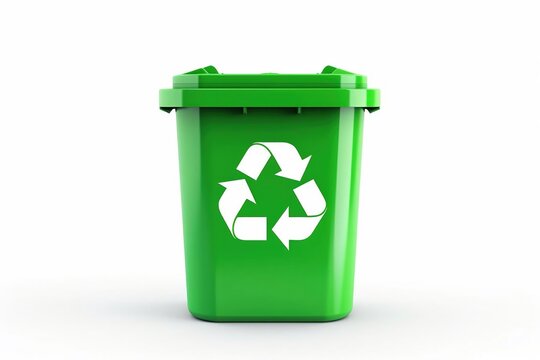 Green recycling bin with recycle symbol on white background