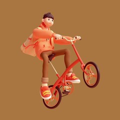 Young tall cute excited funny smiling сasual asian active guy wears fashion clothes red hoodie, brown jeans, sneakers, yellow backpack rides bicycle up floats in air have fun, rejoice, joy. 3d render. - obrazy, fototapety, plakaty