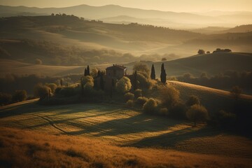 Tuscany landscape in sunset - obrazy, fototapety, plakaty