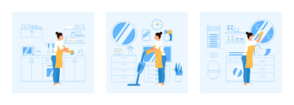 Women cleans apartment 
vector illustration set.Female character vacuums the carpet and thoroughly cleans it. Girl washes and wipes dishes in domestic kitchen. Girl in a respirator cleans the toilet.