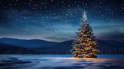 Foto op Canvas A majestic illuminated Christmas tree stands in a snowy meadow, surrounded by a dense pine forest under a starry night sky. © MP Studio