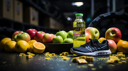 Pair of running shoes and healthy food composition on a wooden table background - obrazy, fototapety, plakaty