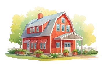 red dutch colonial home with a barn-like structure, magazine style illustration
