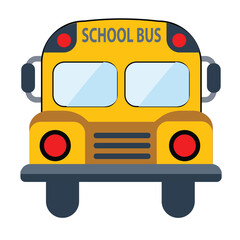 School bus, yellow, frontal view. Vector flat illustration in cartoon style isolated on white background 