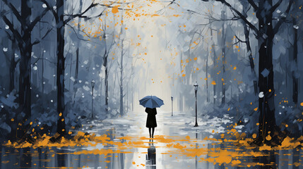 Woman with umbrella, girl in raincoat in a park - obrazy, fototapety, plakaty