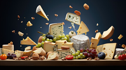 A dynamic scene of various types of cheese, nuts, grapes, and crackers floating above a wooden board