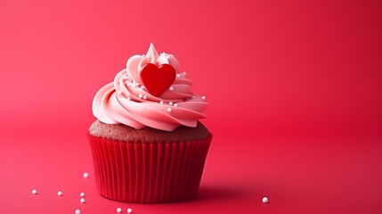 Cupcakes decorated with sugar hearts for Valentine's Day on red background - obrazy, fototapety, plakaty