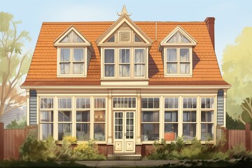 Fototapeta na wymiar dutch colonial house with big windows, magazine style illustration