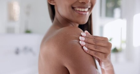 Beauty, woman and hands with cream on body for wellness, luxury and self care in bathroom of home. Cosmetic, person and treatment, lotion or sunscreen for morning routine, apply or glow with smile - Powered by Adobe