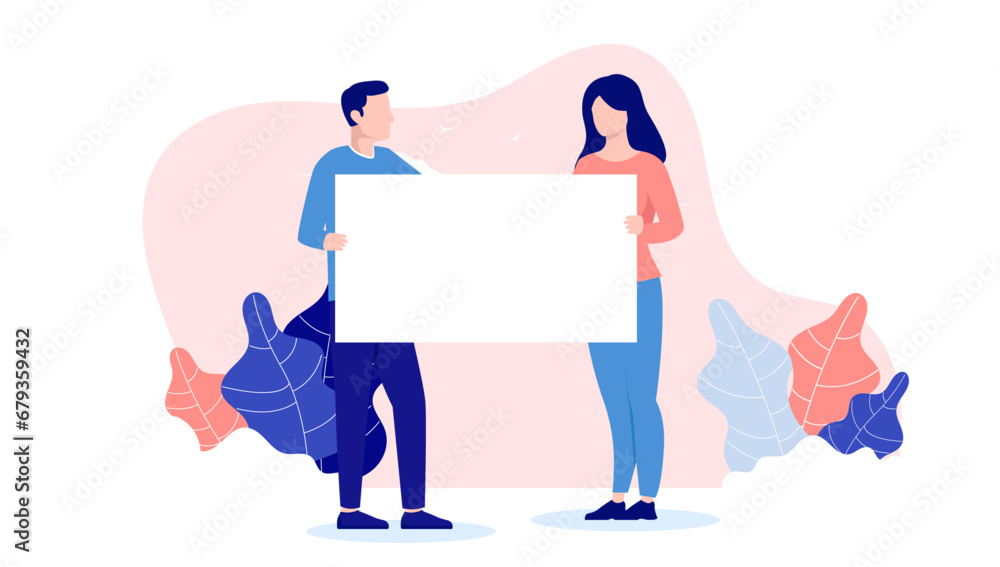 Poster Two people holding blank poster - Man and woman with white empty paper in hands to insert message or text. Flat design front view vector illustration with white background