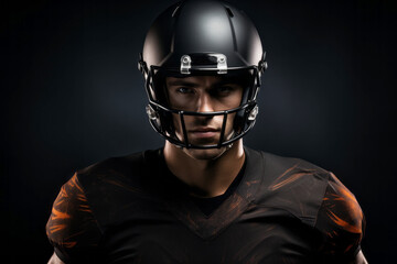 Close-up portrait of professional American football player in black jersey. Determined, powerful, skilled Caucasian athlete wearing helmet with protective mask. Black background.