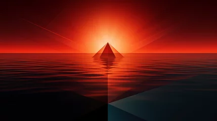Tuinposter Abstract representation of sunrise over the ocean, vivid orange and red hues, sharp geometric shapes mimicking rays of light, deep contrast © Gia