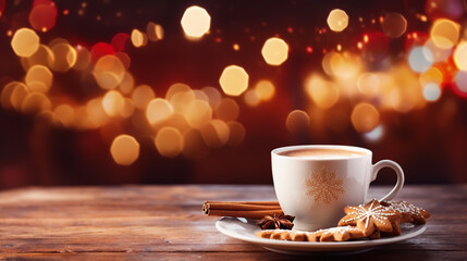 Obraz premium Cookies and cup with hot chocolate on empty wooden table on a Christmas bokeh background.