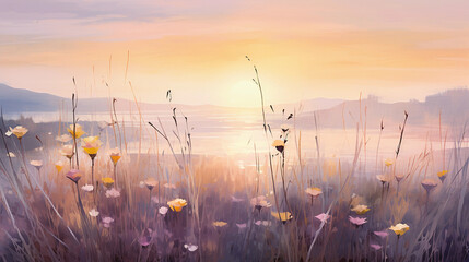 Abstract sunrise over a meadow, impressionist brush strokes, soft purples and yellows, idyllic - obrazy, fototapety, plakaty