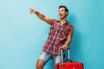 Vacation man guy studio trip traveler flight baggage suitcase weekend travel happy background...